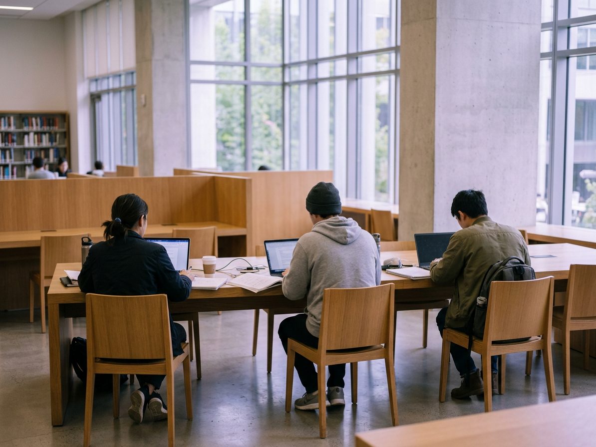 Students working at a shared table in a university study space