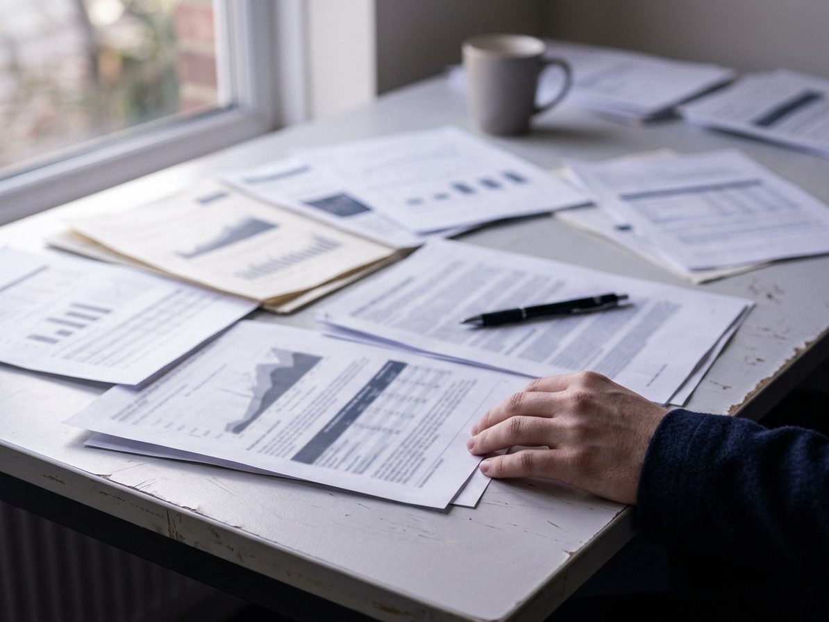 Printed reports and charts spread across an analyst's desk in daylight