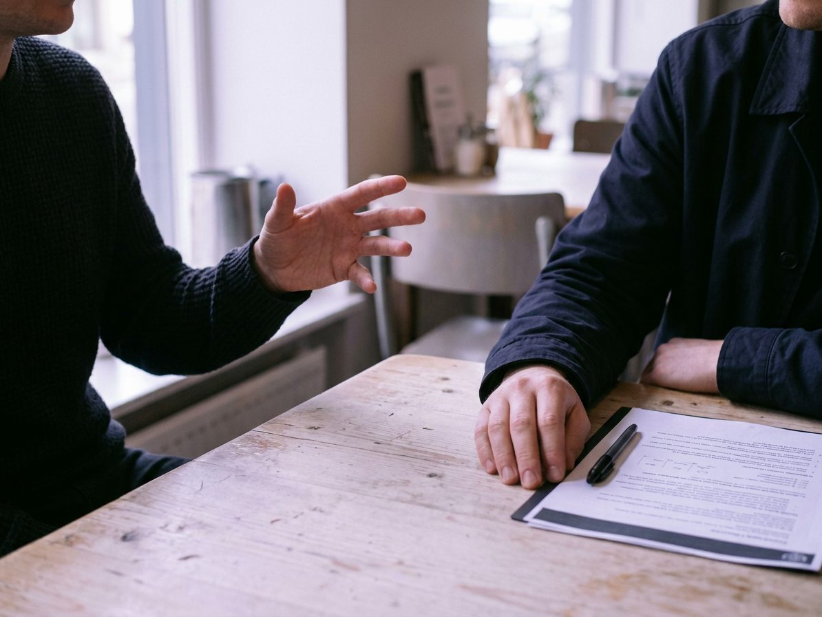 Two people in conversation across a table, framed below the shoulders