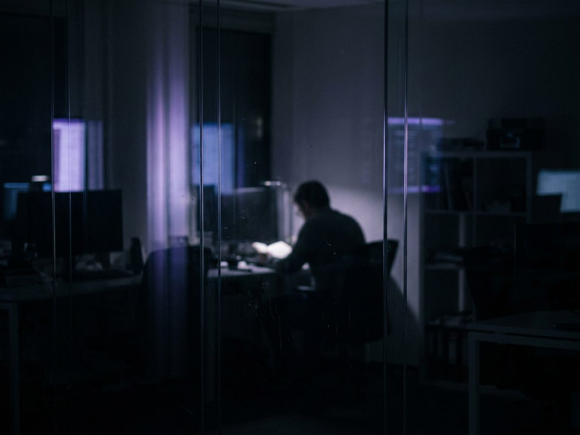 A workspace at night seen through glass carrying reflected screen light