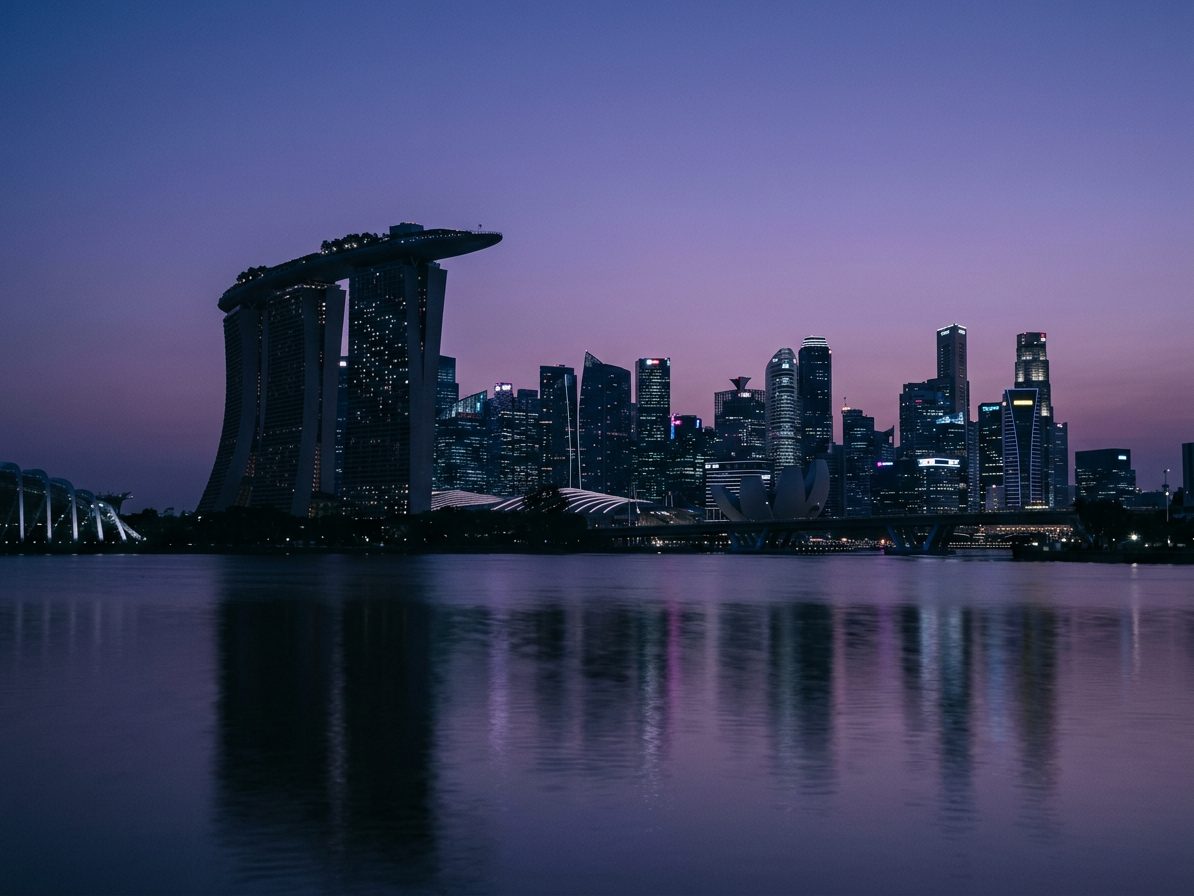 The Singapore skyline at dusk, seen across the water