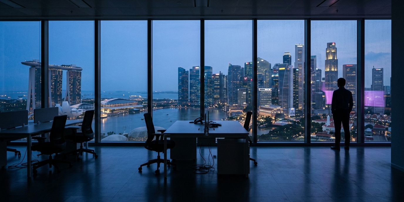 Dusk over Singapore's financial district, seen from a quiet upper floor
