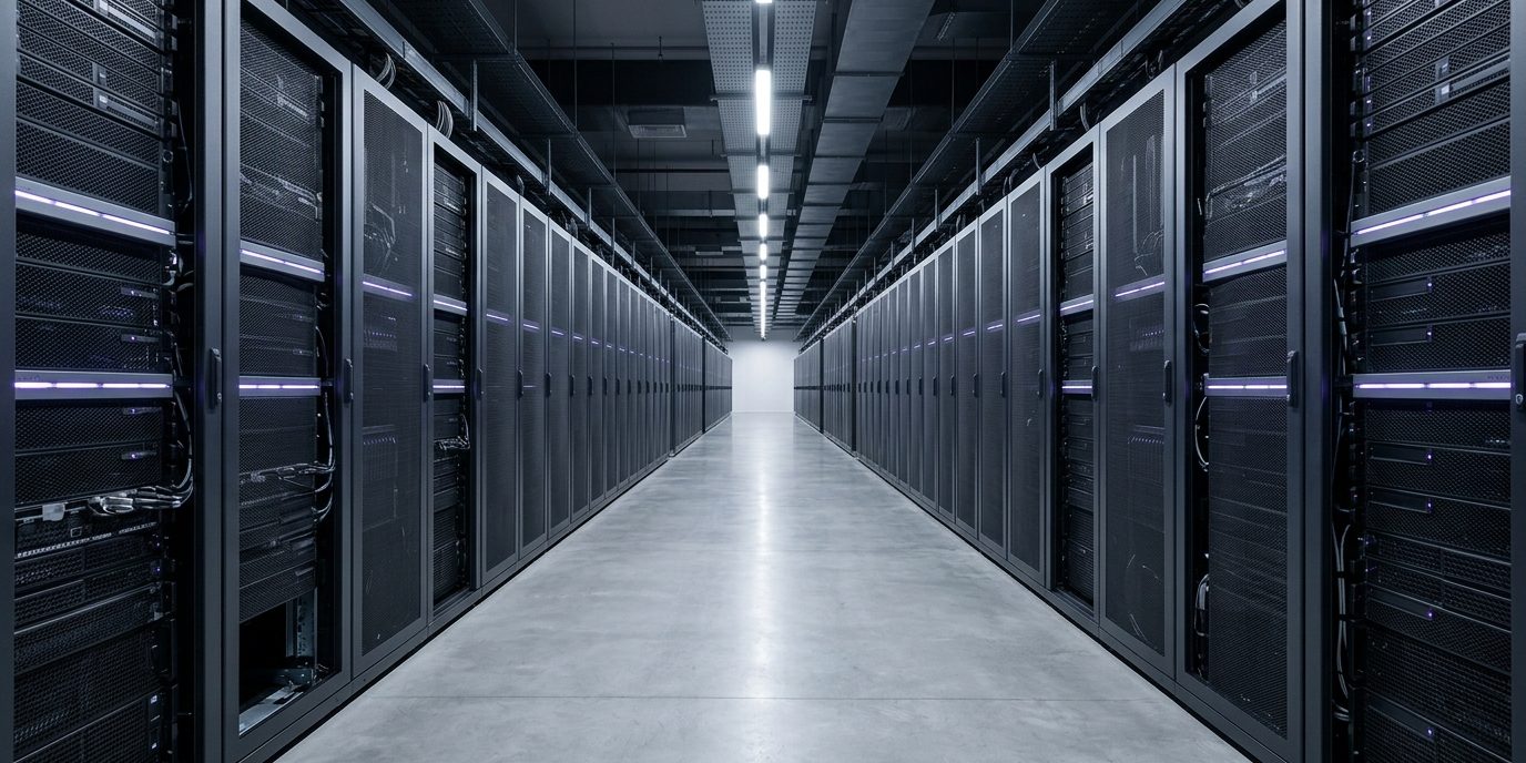 An aisle of equipment cabinets inside a data centre