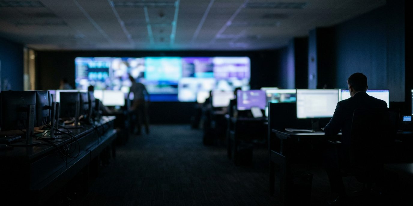 A security operations room in low light