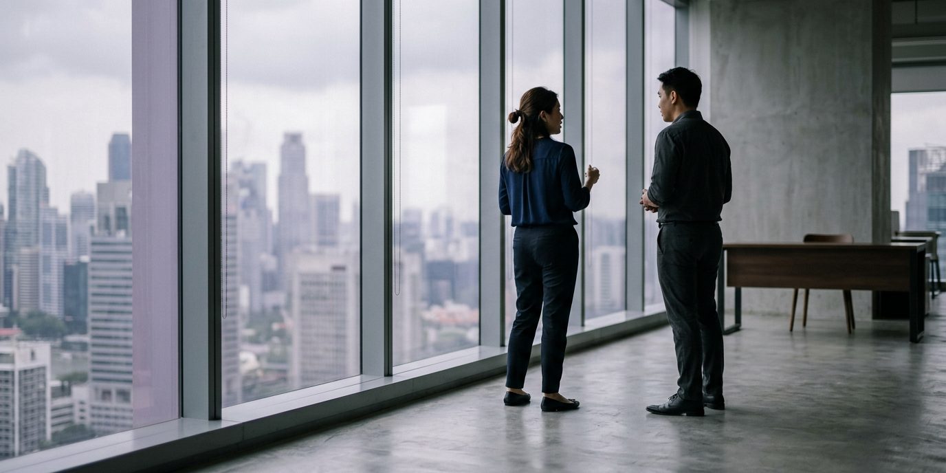 Colleagues in conversation beside a window in a Singapore office